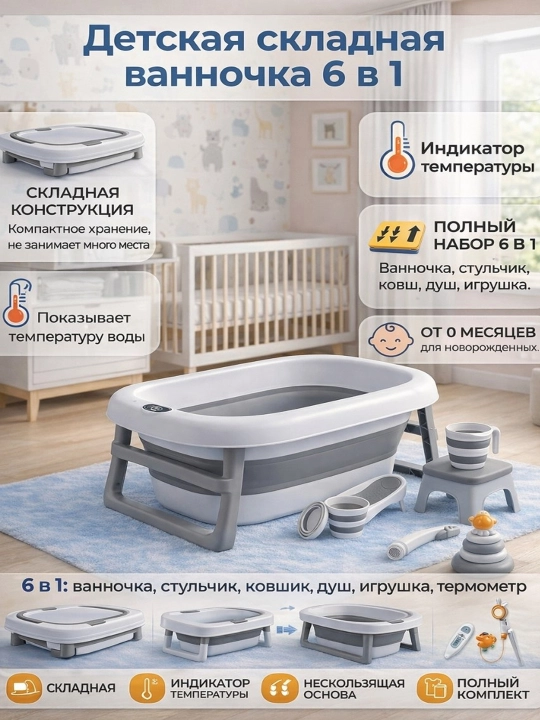 Детская складная ванночка, 6 в 1, для младенцев - 