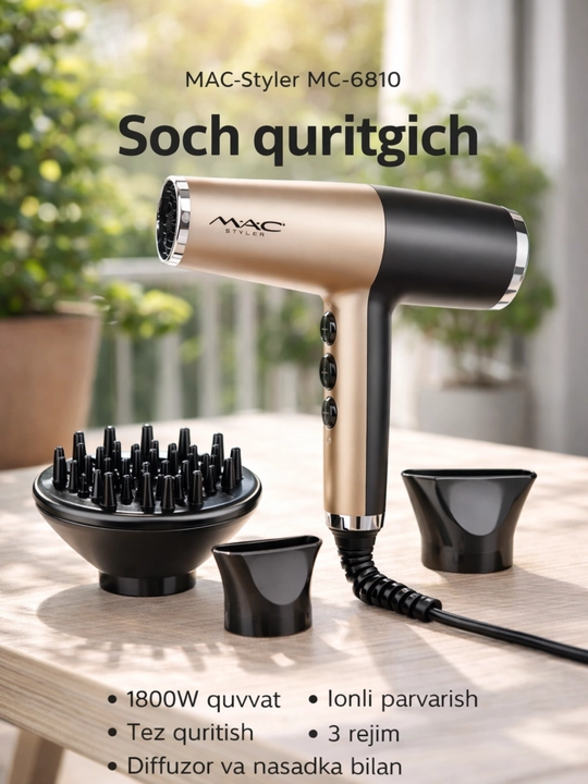 MAC Styler MC-6810 soch uchun fen, 1800W, ionizatsiyalangan, nasadkalar bilan - 