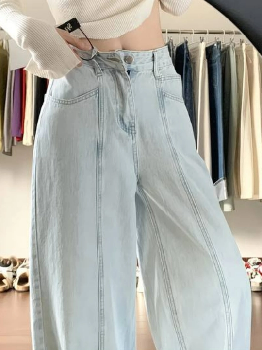 Ayollar uchun baland belli Wide Leg jinsi shim