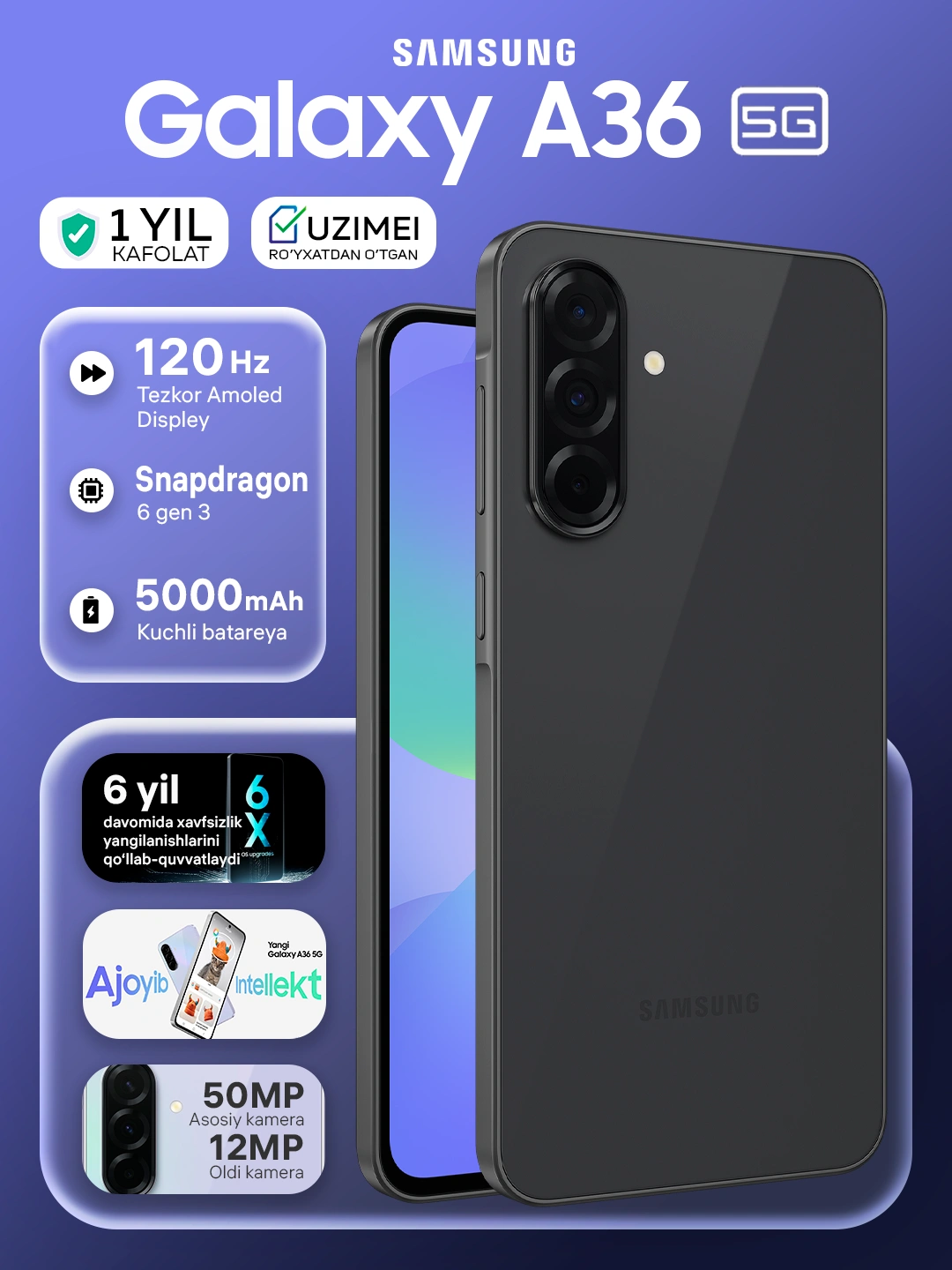 Смартфон Samsung Galaxy A36 5G, 8GB 256GB, SAMOLED 120Hz 6.7", 5000 mAh, 50мп за 3599000 сум со скидкой 51%. Uzum Market