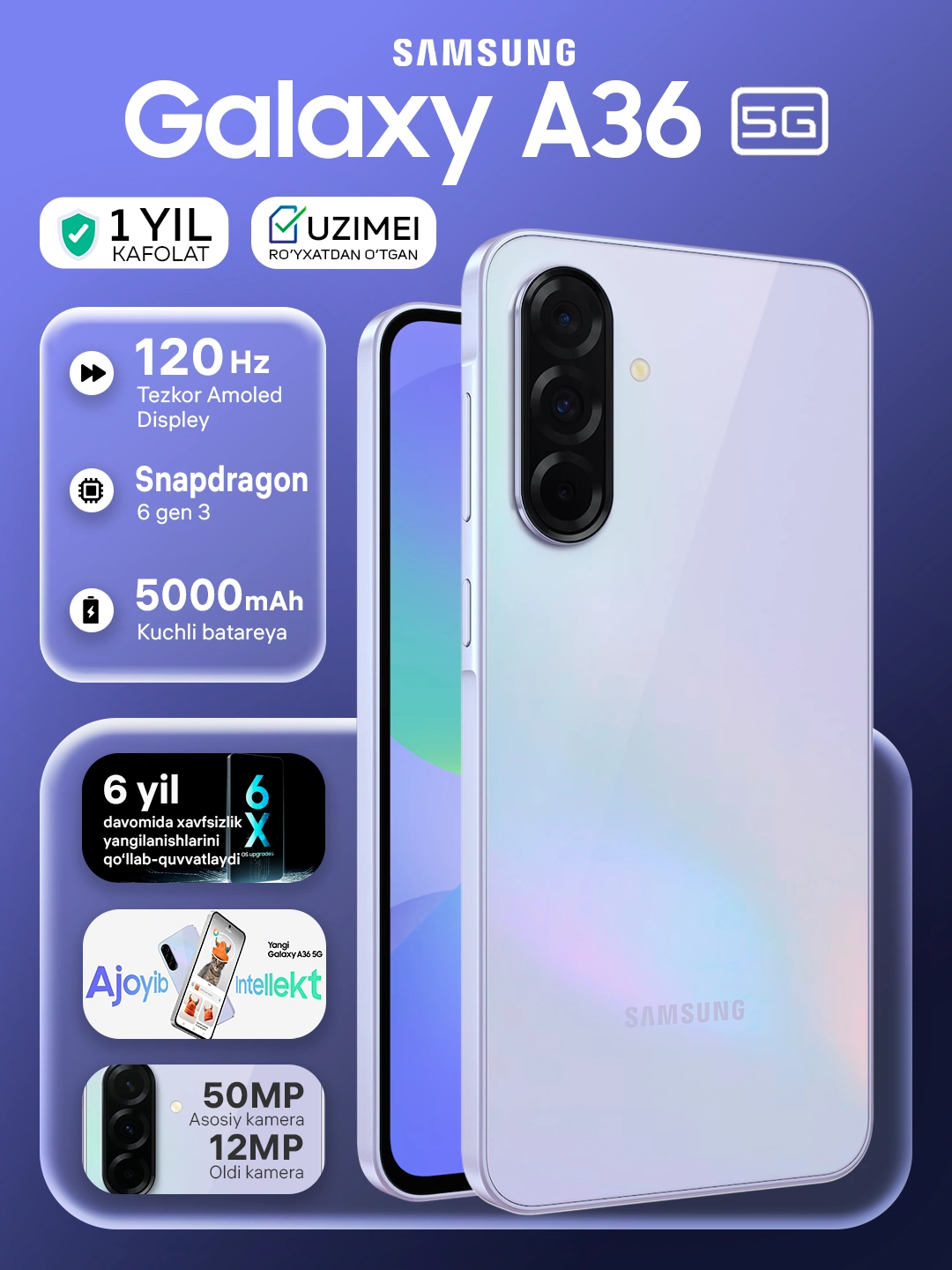 Смартфон Samsung Galaxy A36 5G, 8GB 256GB, SAMOLED 120Hz 6.7", 5000 mAh, 50мп за 4099000 сум со скидкой 51%. Uzum Market