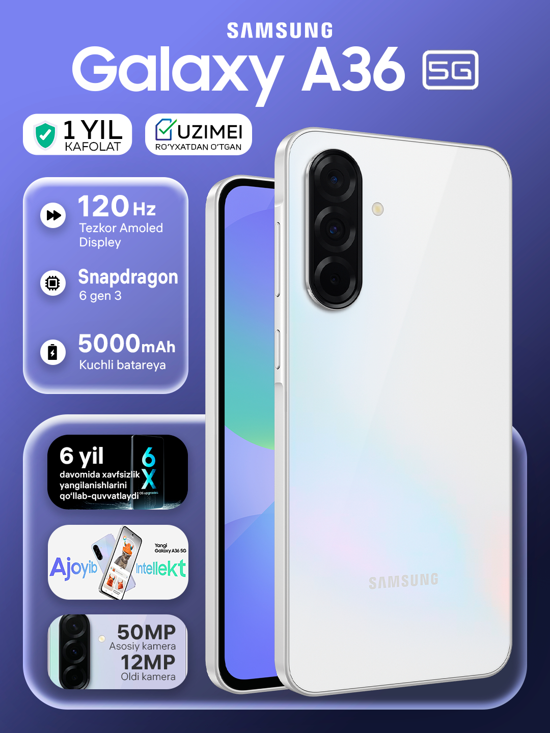 Смартфон Samsung Galaxy A36 5G, 8GB 256GB, SAMOLED 120Hz 6.7", 5000 mAh, 50мп за 4399000 сум со скидкой 48%. Uzum Market