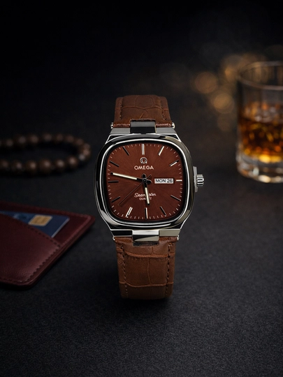 Классические мужские часы Omega, кожаный ремешок — SABR1-00W0042-КОРИЧН