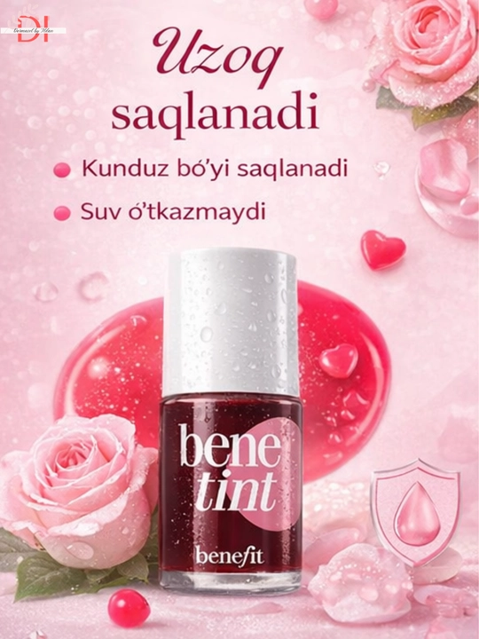 Lab va yonoqlar uchun Benefit Bene tint - tabiiy pushti rang, suyuq, yengil formula