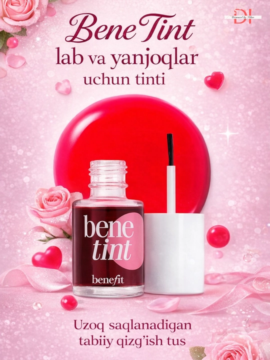 Lab va yonoqlar uchun Benefit Bene tint - tabiiy pushti rang, suyuq, yengil formula