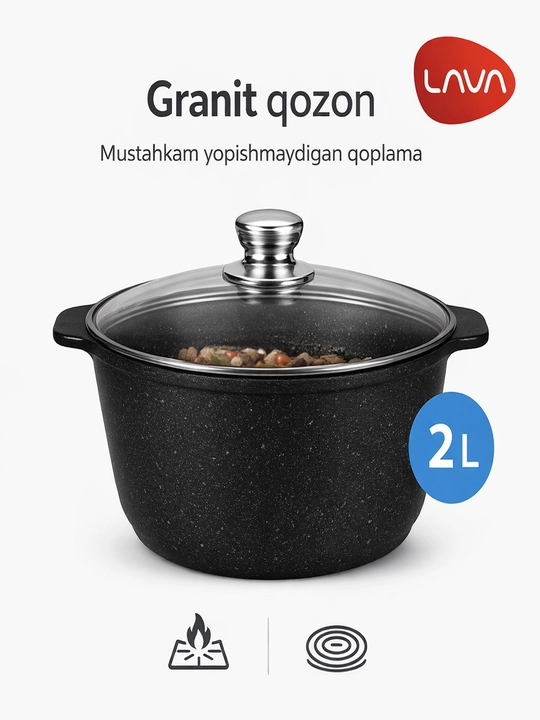 Granit qozon Lava, 2 litr, shishali qopqoq bilan, yopishmaydigan, universal - 