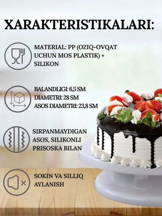 Tort va desertlar uchun aylanuvchi taglik (tortnitsa), 360° buriladigan, servis uchun