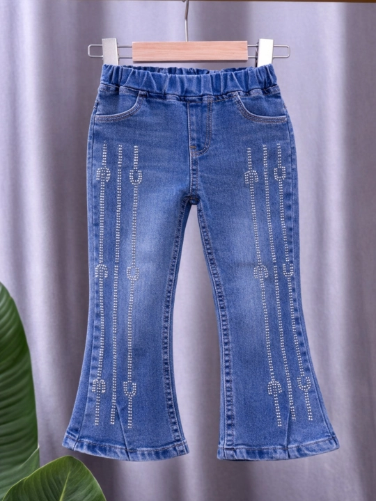 Qizlar uchun klosh jinsi shim, strazali, rezinkali bel, och ko‘k denim (1–3 yosh) - 