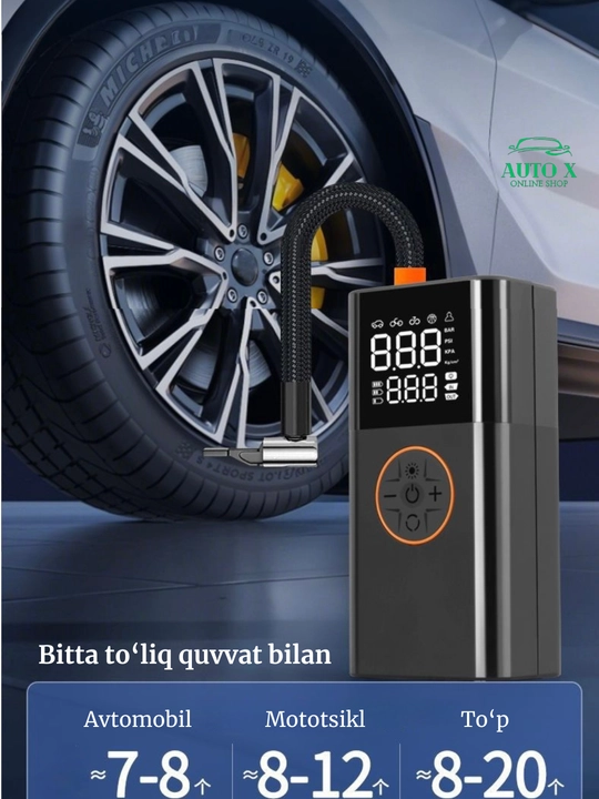 Portativ simsiz kompressor 5 tasi 1da – Power Bank, LED chiroq, SOS, raqamli displey