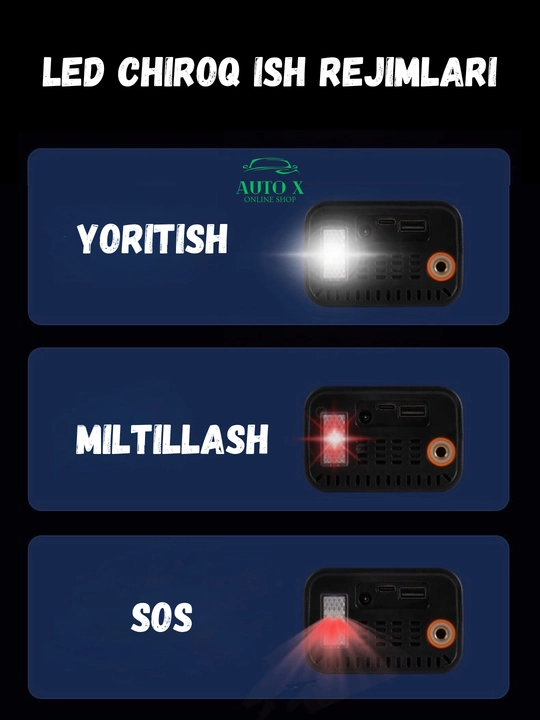 Portativ simsiz kompressor 5 tasi 1da – Power Bank, LED chiroq, SOS, raqamli displey