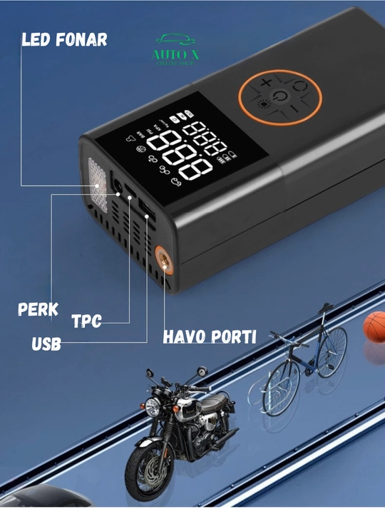 Portativ simsiz kompressor 5 tasi 1da – Power Bank, LED chiroq, SOS, raqamli displey