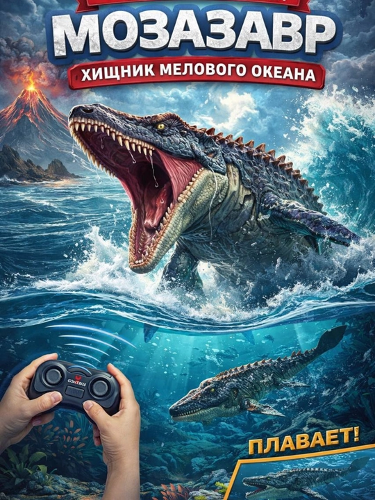 Masofadan boshqariladigan Mozazavr dinozavr, suvda suzadi