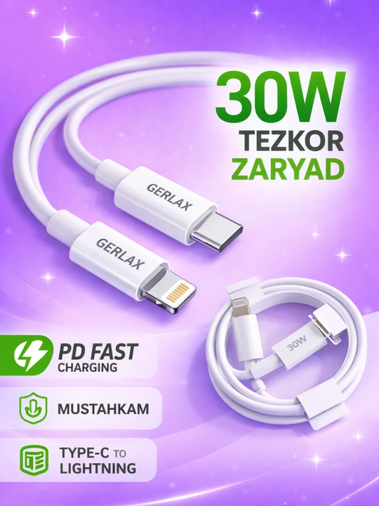 GERLAX 30W Type-C kabeli → PD Fast Charging bilan Lightning - 