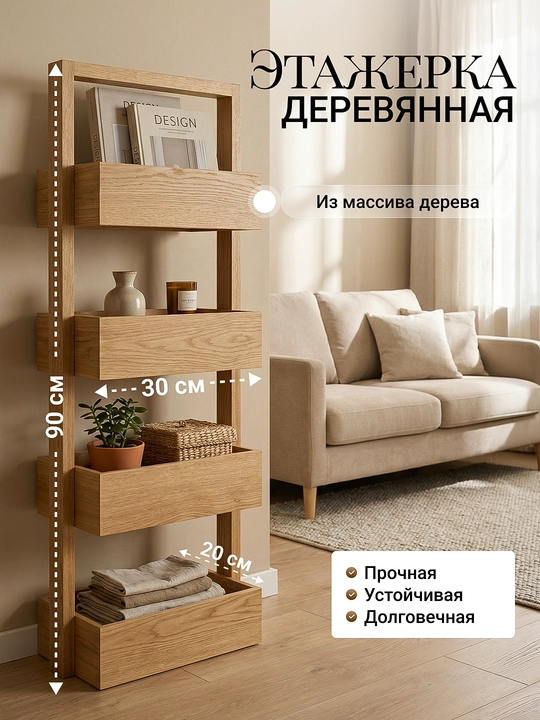 Etajerka yogoch Storage 001 massiv stellaj pol uchun saqlash 90x30x20 sm - 