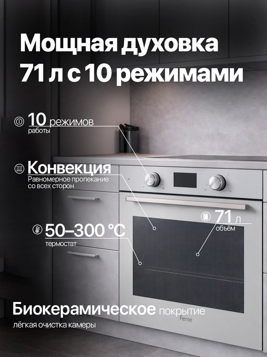 Ferre elektr duxovkasi, 73–81 l, konveksiya, gril, 10 ta rejim, A klass