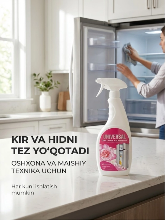 Universal maishiy tozalagich, Sprey 600 ml oshxona muzlatgich, plastik yuzalar uchun