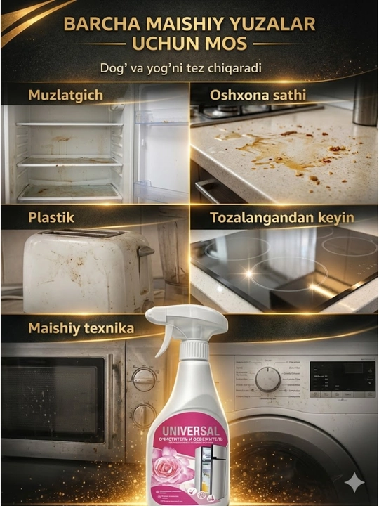 Universal maishiy tozalagich, Sprey 600 ml oshxona muzlatgich, plastik yuzalar uchun