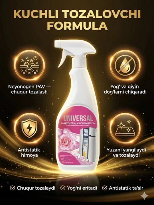 Universal maishiy tozalagich, Sprey 600 ml oshxona muzlatgich, plastik yuzalar uchun
