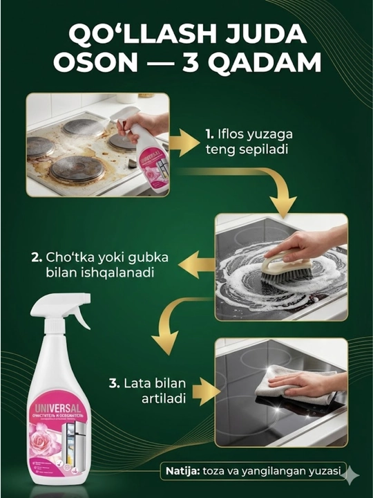 Universal maishiy tozalagich, Sprey 600 ml oshxona muzlatgich, plastik yuzalar uchun