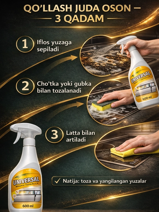 Universal maishiy tozalagich, Sprey 600 ml oshxona muzlatgich, plastik yuzalar uchun