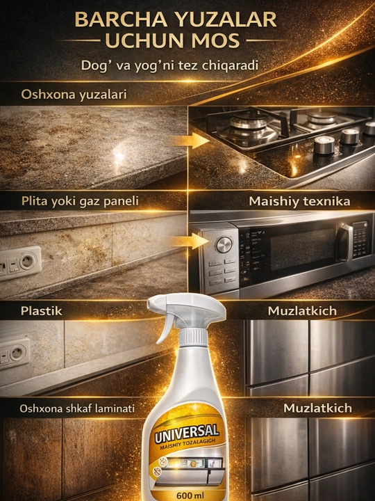 Universal maishiy tozalagich, Sprey 600 ml oshxona muzlatgich, plastik yuzalar uchun