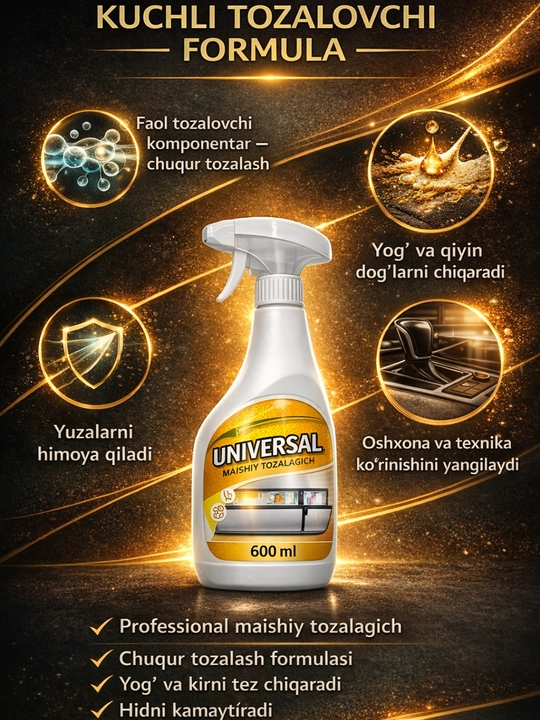 Universal maishiy tozalagich, Sprey 600 ml oshxona muzlatgich, plastik yuzalar uchun