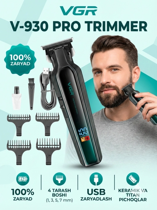 Soch va soqol olish uchun VGR V-930 professional akkumulyatorli mashina
