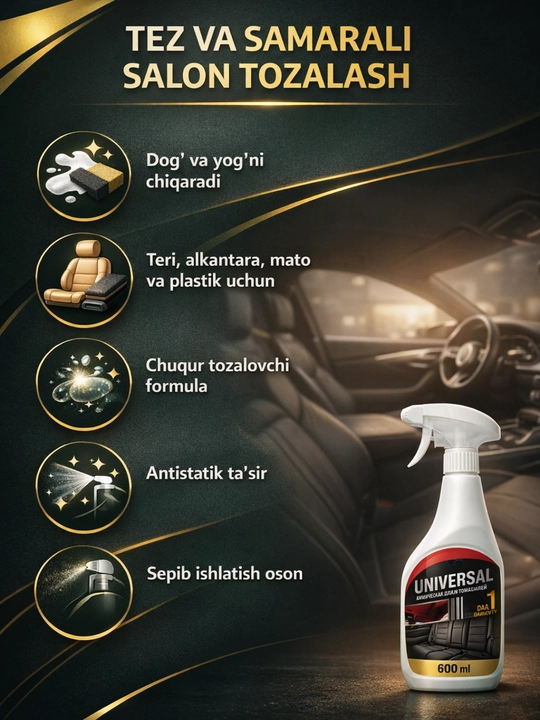 Avtomobil saloni uchun universal tozalovchi sprey "1 daqiqada", 600 ml