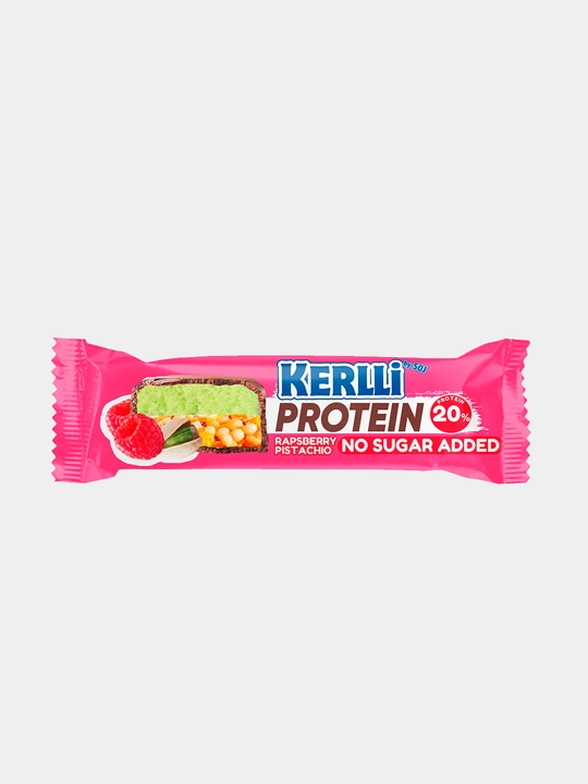 Батончик глазированный злаковый KERLLI с протеином и вкусом малины и фисташки, без сахара - 