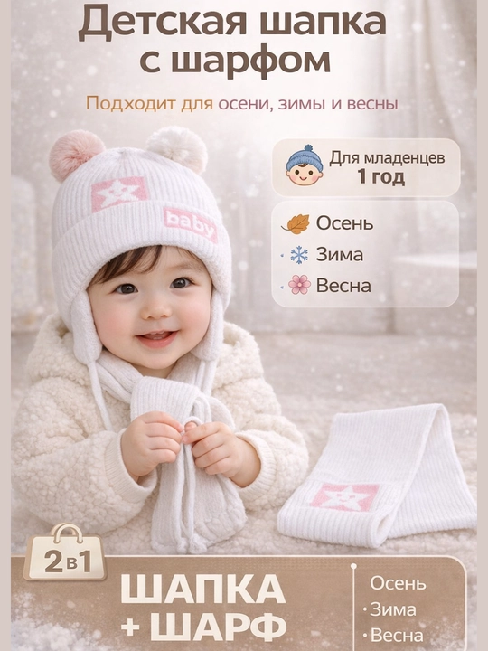 Bolalar shapka, 2 tasi 1 da, sharf to'plamga kiritilgan, 6 oydan 1 yoshgacha - 