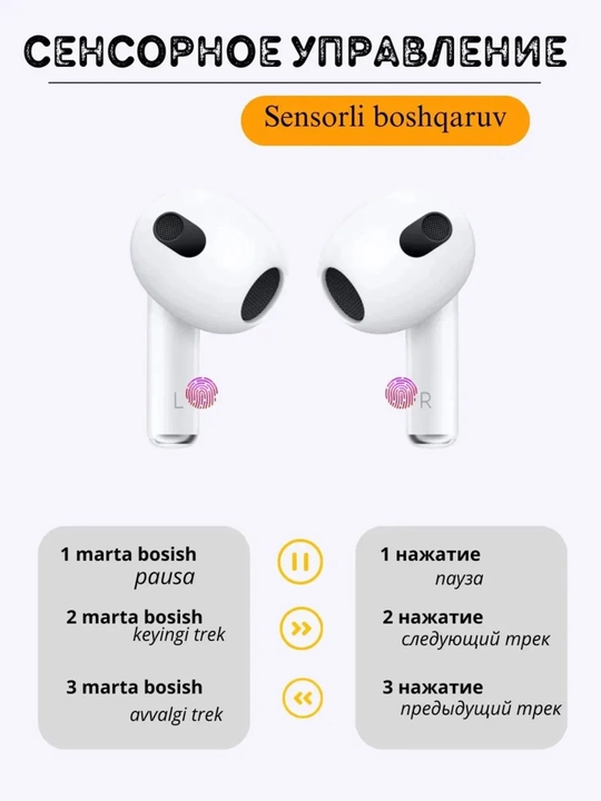 Simsiz quloqchinlar Pods 3, animatsiya, datchiklar va zaryad qutisi bilan, oq