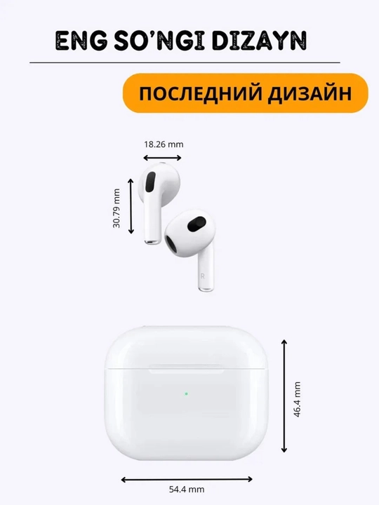 Simsiz quloqchinlar Pods 3, animatsiya, datchiklar va zaryad qutisi bilan, oq