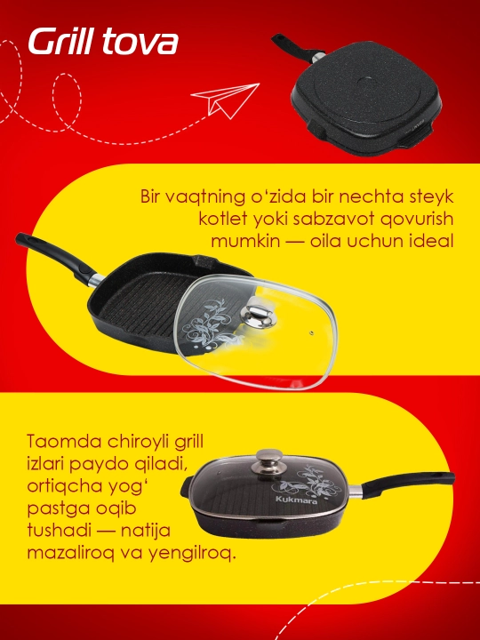 Tova gril yechiladigan tutqich va shisha qopqoqli Kukmara Granit Ultra 28×28 sm