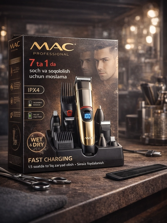 MAC MC-8012 7 in 1 Soch va Soqol Olish Mashinkasi, USB, Displeyli - 