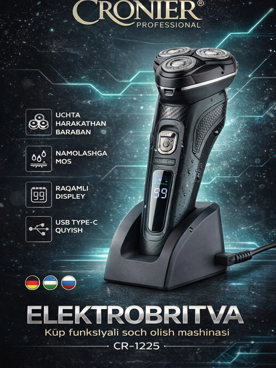 Cronier CR-1225 professional elektr britva, 3 boshli, raqamli displey - 
