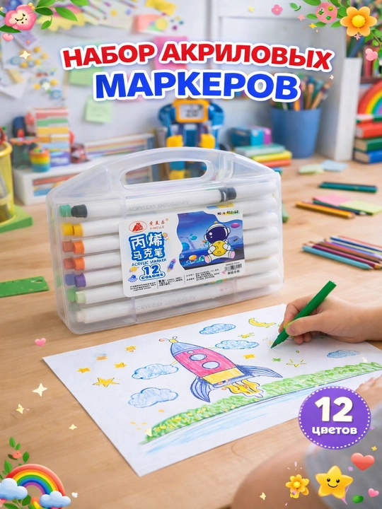 Akril markerlar to‘plami 12 rang, keyslida, chizish va ijod uchun flomasterlar - 