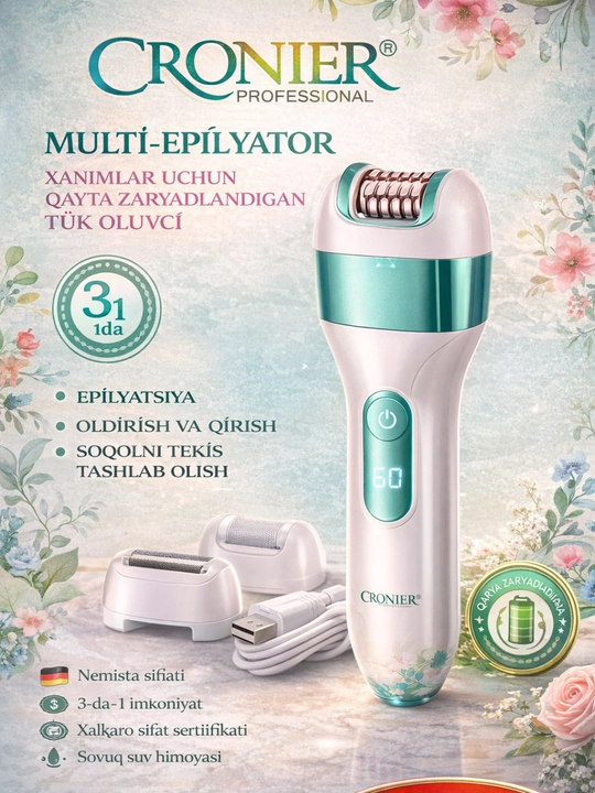 Cronier CR-8813 3in1 Epilyator, Qayta Zaryadlanadigan Tana Tuki Olish Qurilmasi - 