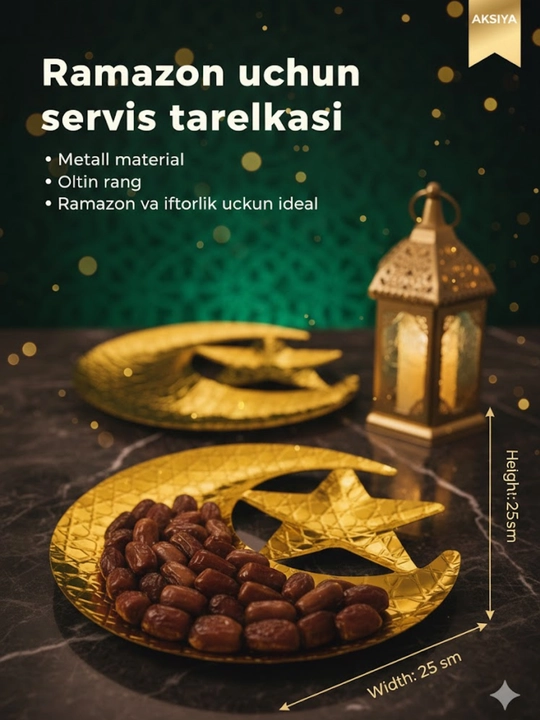 Oltin rangli Ramazon uchun yarim oy va yulduz shaklidagi bezakli dasturxon likopchasi