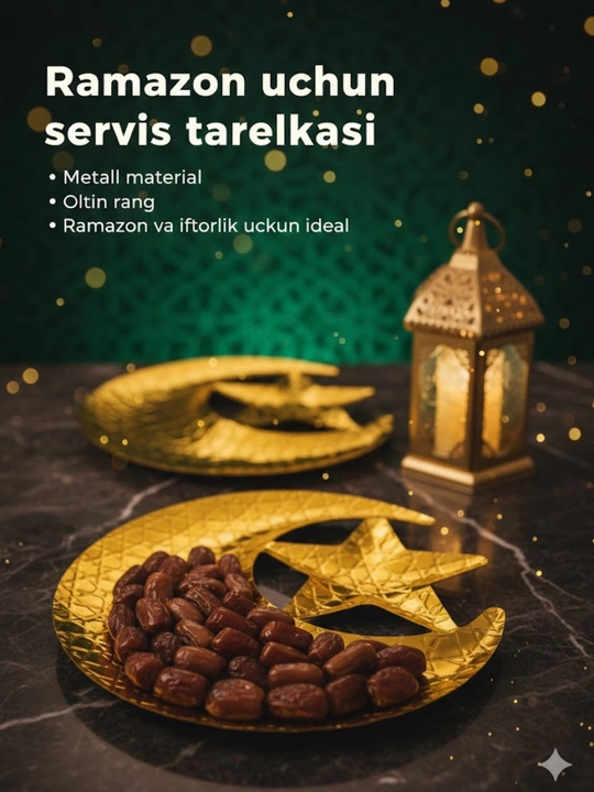Oltin rangli Ramazon uchun yarim oy va yulduz shaklidagi bezakli dasturxon likopchasi