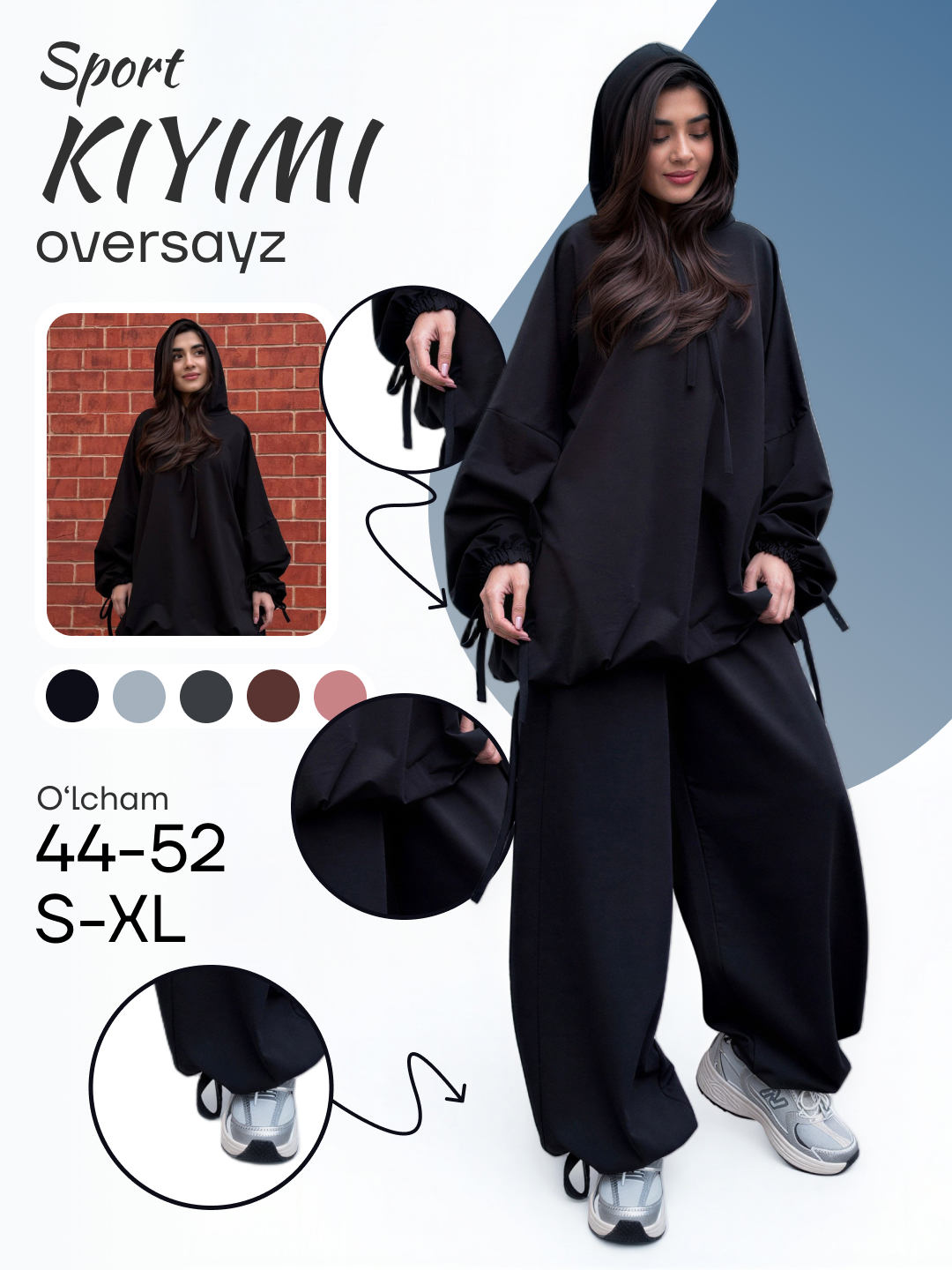Ayollar sport kostyumi ikki qismli, hudi va jogger shim oversize, kundalik to‘plam