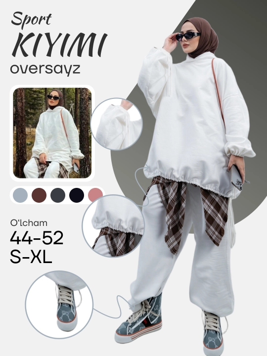 Ayollar sport kostyumi ikki qismli, hudi va jogger shim oversize, kundalik to‘plam