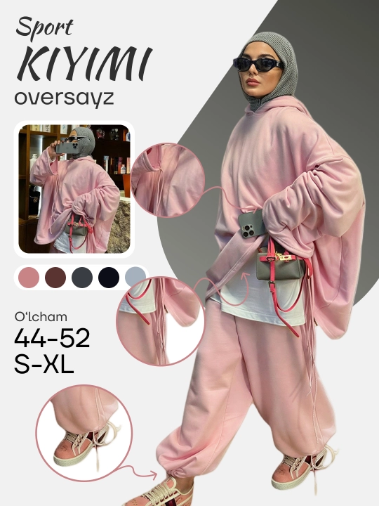 Ayollar sport kostyumi ikki qismli, hudi va jogger shim oversize, kundalik to‘plam