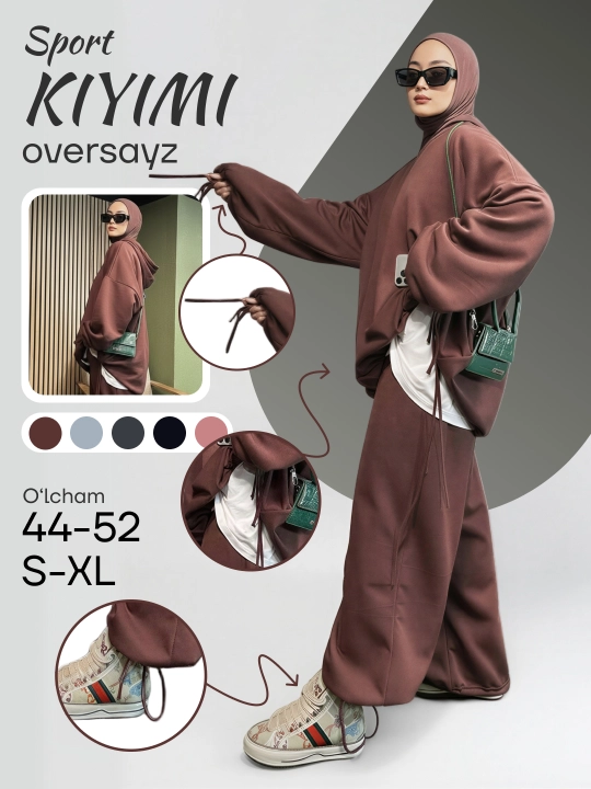 Ayollar sport kostyumi ikki qismli, hudi va jogger shim oversize, kundalik to‘plam