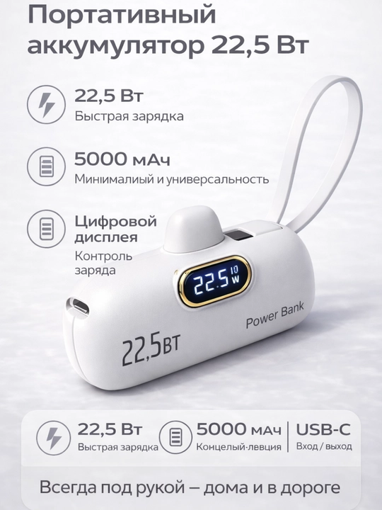Повербанк с кабелем и без кабеля, быстрая зарядка 22.5W, ёмкость 5000 mAh, разъём Type-C