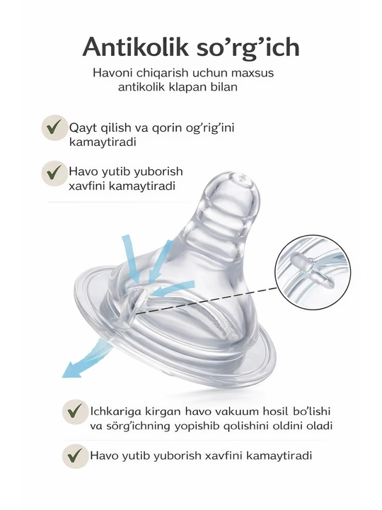 Rabito shisha bolalar butilkasi 60 ml, keng og‘izli, silikon soskali, chaqaloqlar uchun