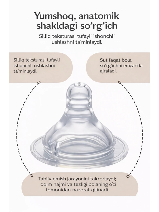Rabito shisha bolalar butilkasi 60 ml, keng og‘izli, silikon soskali, chaqaloqlar uchun