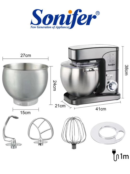 Planetar mikser chashkasi bilan 12 Litr, 6-tezlik, 3-Venchik, SONIFER SF-8082 Stand Mixer