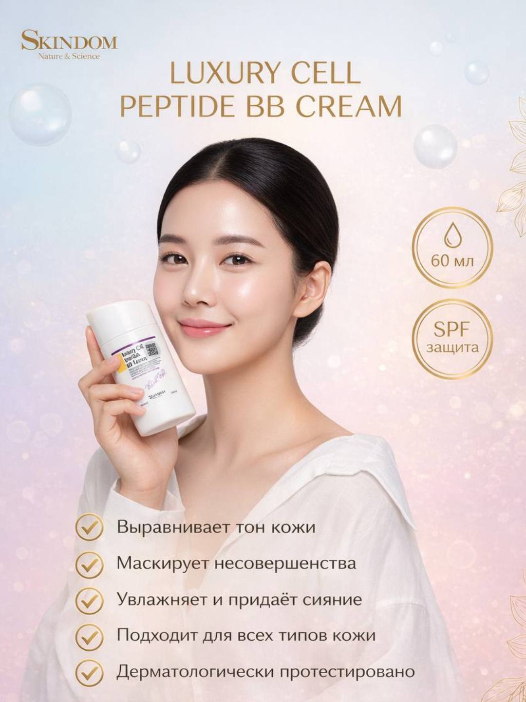 Luxury Cell Peptide BB Cream Skindom, yuz uchun BB krem, 60 ml