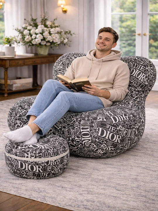 Karkassiz yumshoq divan kreslo pufik bilan, bukle mato, dam olish uchun