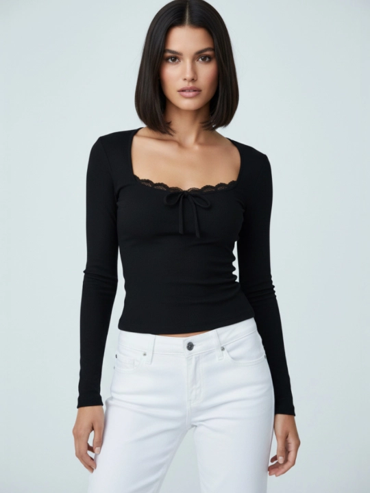 Лонгслив женский, skims облегающий с кружевом - EllyFashion